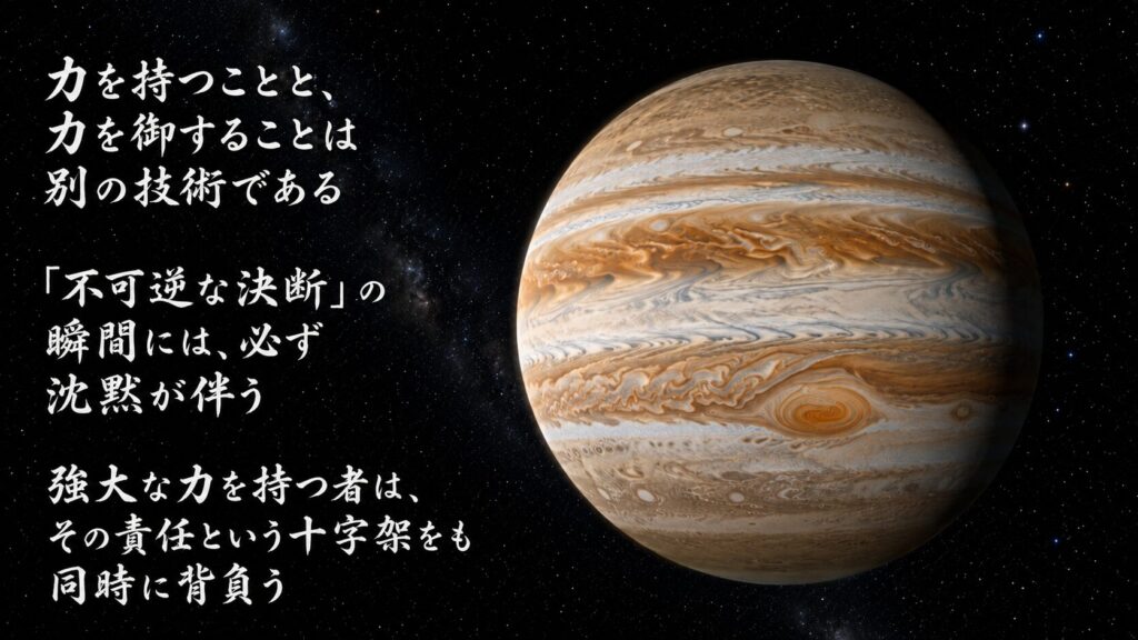 星空を背景に巨大な木星が描かれ、力を持つことと制御すること、不可逆な決断の重みを語る日本語の格言が添えられた画像。
