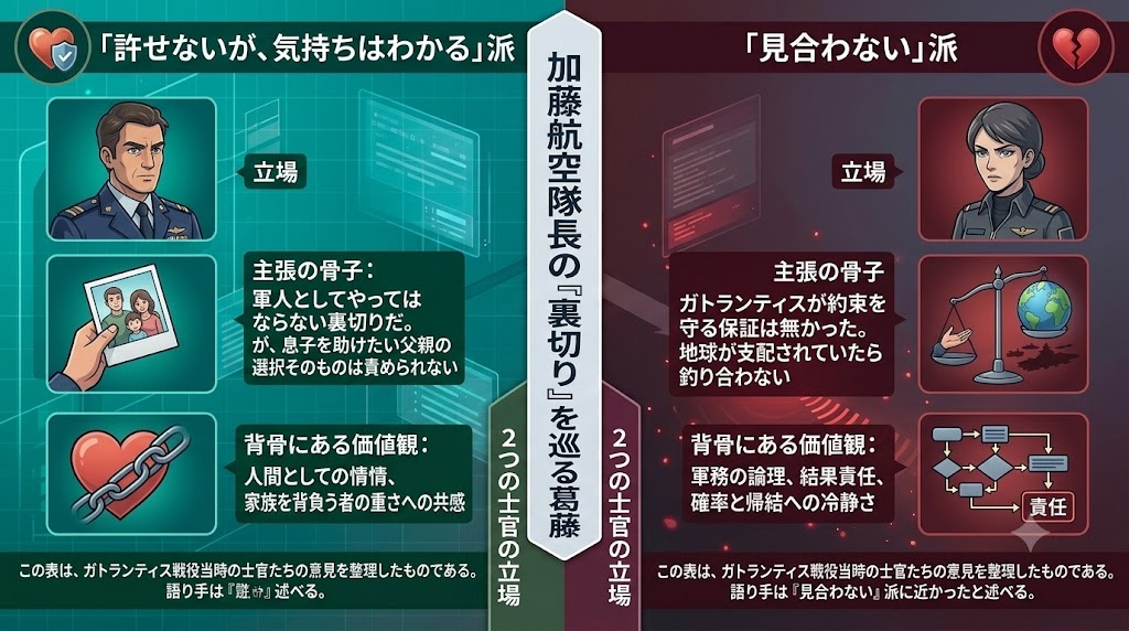 『ヤマトよ永遠に REBEL3199』第六章における加藤航空隊長の「裏切り」を巡る考察インフォグラフィック。「許せないが気持ちはわかる」派と「見合わない」派の2つの立場を比較し、それぞれの主張や価値観を図解で整理している。