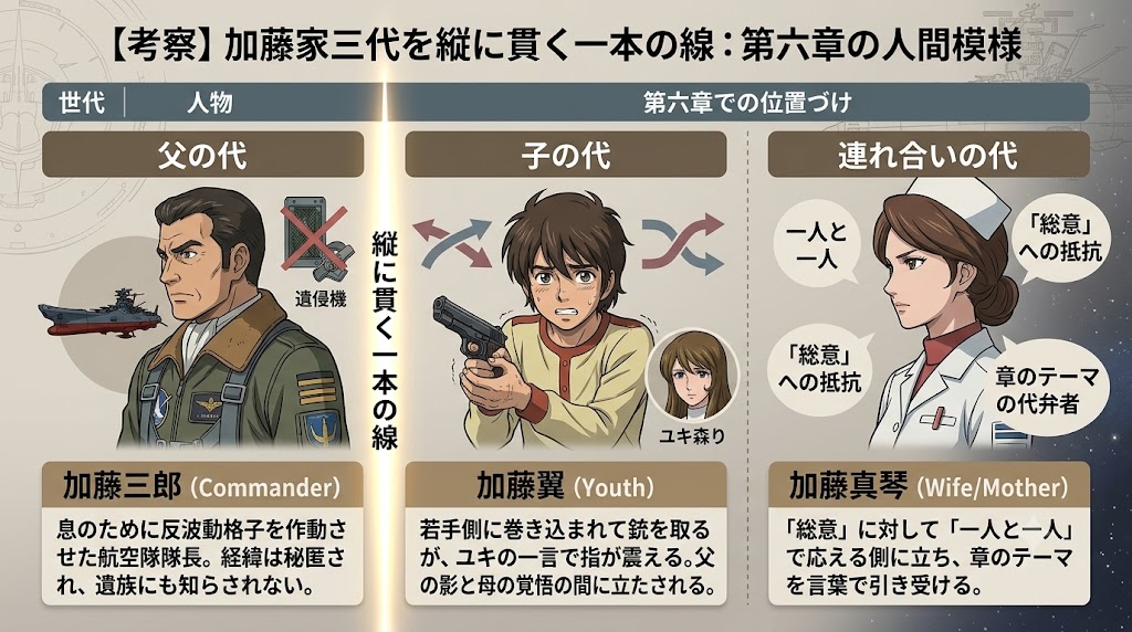 『ヤマトよ永遠に REBEL3199』第六章の考察インフォグラフィック。加藤家三代を縦に貫く一本の線をテーマに、父・加藤三郎、息子・加藤翼、母・加藤真琴それぞれの役割や葛藤、人間模様を図解で整理している。