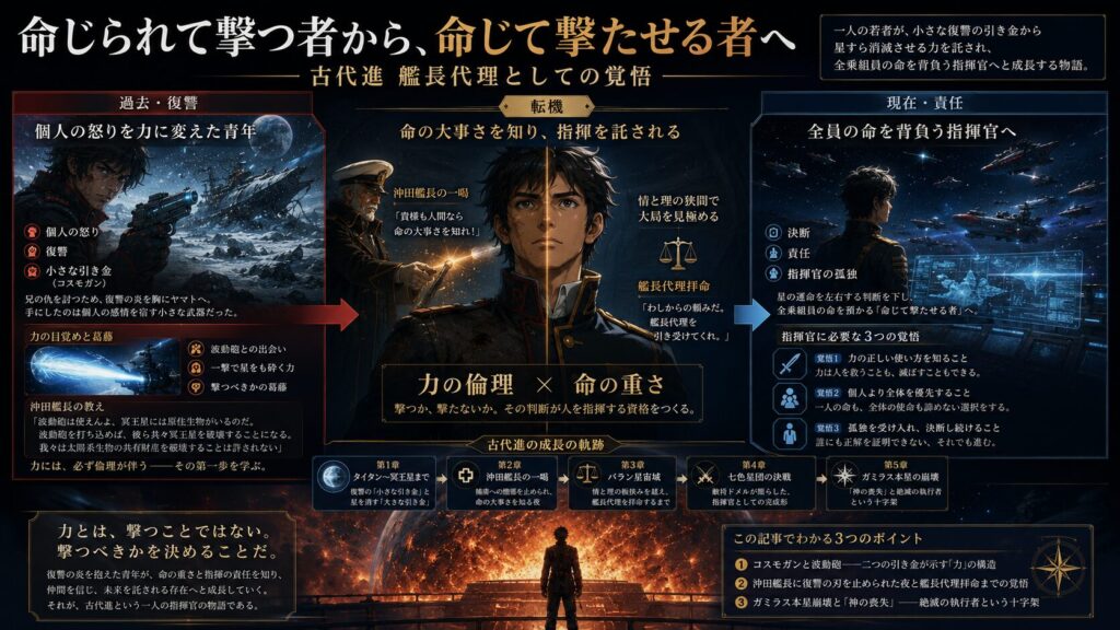 宇宙戦艦ヤマトの古代進が、復讐に燃える青年から全乗組員の命を背負う指揮官へ成長する過程を、過去・転機・現在の3段階で解説したインフォグラフィック。