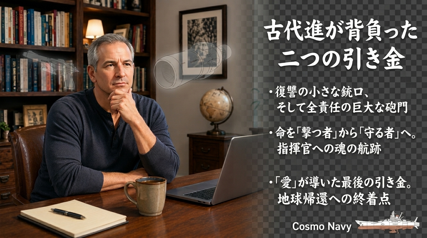 書斎で考える男性の横に、古代進が背負った二つの引き金とその人生の選択について解説するテキストを配置したサムネイル画像。