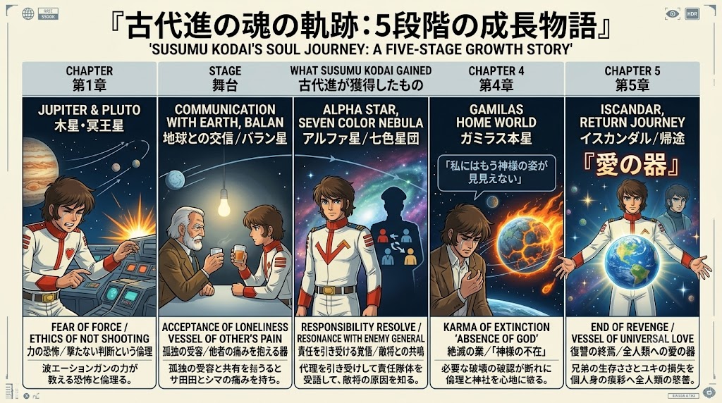 古代進の魂の成長を5段階で示したインフォグラフィック。木星・冥王星からイスカンダル帰還までの旅路を通じて、孤独の受容、敵との共鳴、責任感の獲得、絶滅の業との対峙を経て、人類への普遍的な愛の器へ成長する過程を解説している。