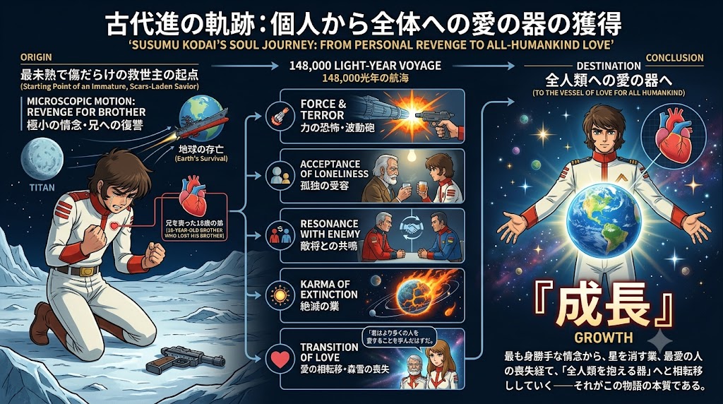 宇宙戦艦ヤマトの古代進が、兄への復讐心から始まり、孤独の受容や敵との共鳴を経て、人類全体を愛する器へと成長する精神的旅路を図解したインフォグラフィック。