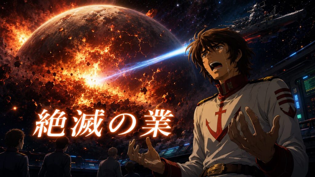 崩壊する惑星を背景に、涙を流しながら苦悩する古代進と波動砲を放つ宇宙戦艦ヤマトを描いたイラスト。絶滅という重い責任と罪の意識を象徴している。
