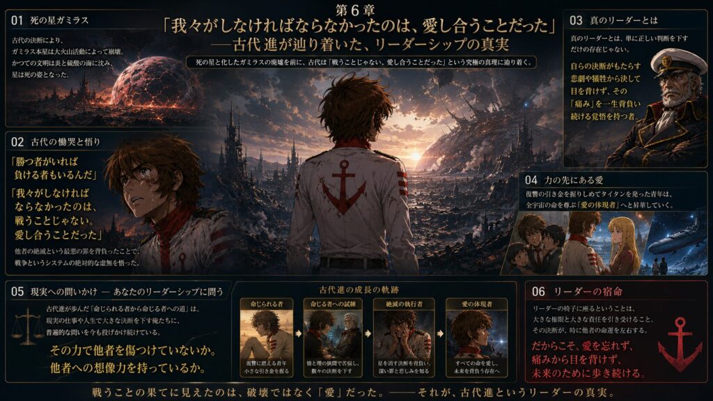 滅びたガミラス本星を前に立つ古代進が、戦いの果てに愛と共感こそが真のリーダーシップであると悟る過程を解説したインフォグラフィック。