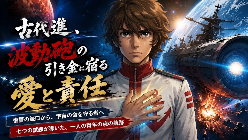 宇宙戦艦ヤマトを背に胸に手を当てる古代進の姿と、「波動砲の引き金に宿る愛と責任」というテーマを力強い筆文字で表現したポスター風ビジュアル。