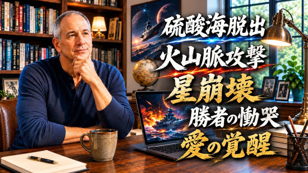 書斎で思索する男性と宇宙戦艦のイメージを背景に、硫酸海脱出から愛の覚醒までの古代進の精神的成長を解説するサムネイル画像。
