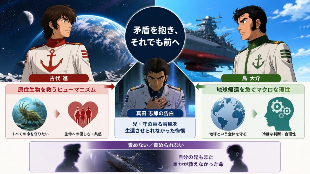 古代進と島大介の価値観の違いを比較しながら、真田志郎の告白を通じて両者の矛盾と葛藤を描いたインフォグラフィック。ヒューマニズムと合理性の対立、そして和解への理解を表現している。