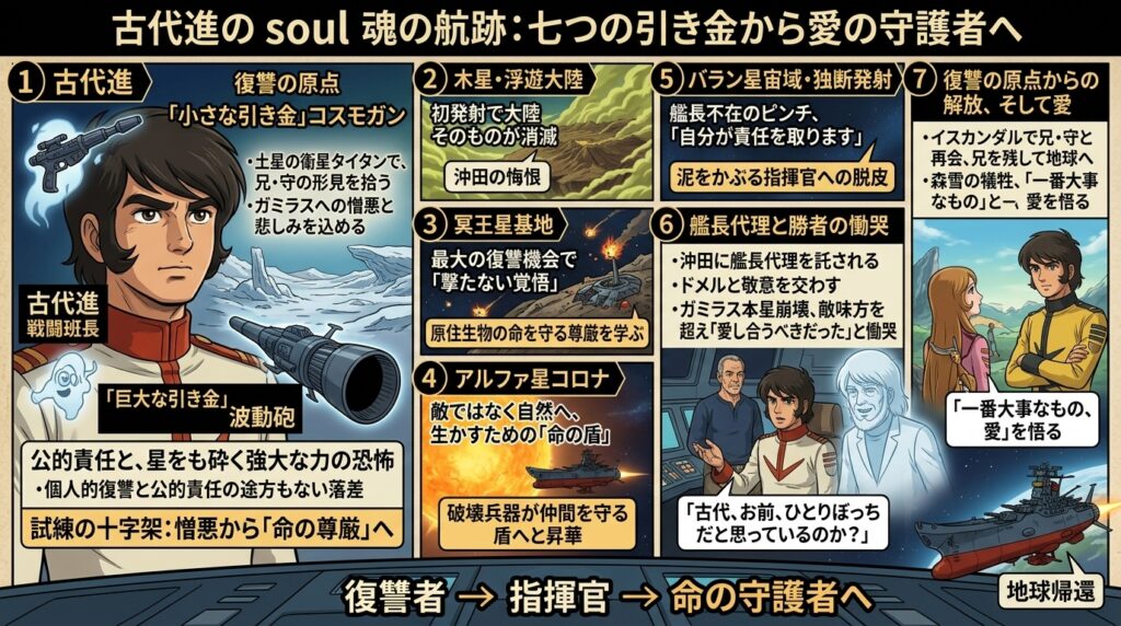 古代進が復讐者から指揮官、そして命の守護者へと成長する過程を七つの引き金で解説したインフォグラフィック画像。