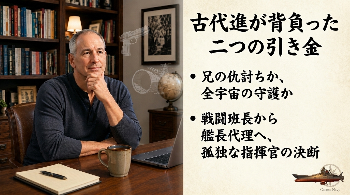 書斎で考え込む男性の横に、古代進が背負った二つの引き金について解説するテキストが配置されたサムネイル画像。