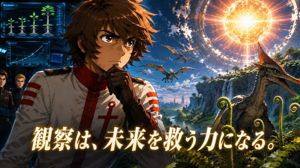 未知の惑星環境を前に思索する古代進と、生態系や環境データを分析するモニターを描いたビジュアル。観察と知識が危機を回避し未来を切り開く力になることを象徴している。