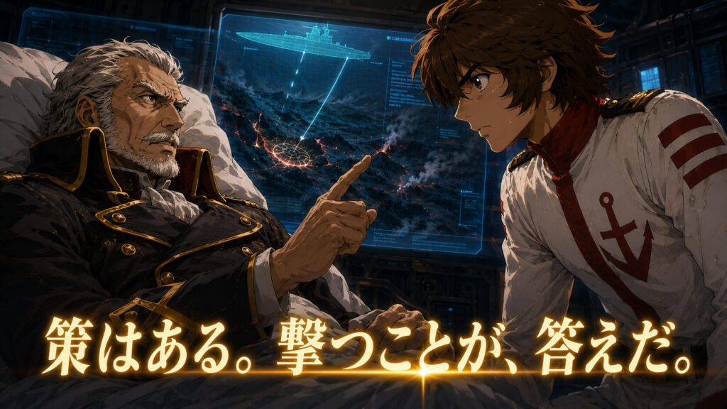 療養中の沖田艦長が古代進に作戦を示し、極限状態に陥ったヤマトを救うための決断を託す場面を描いたビジュアル。指揮官から後継者への責任の継承を象徴している。