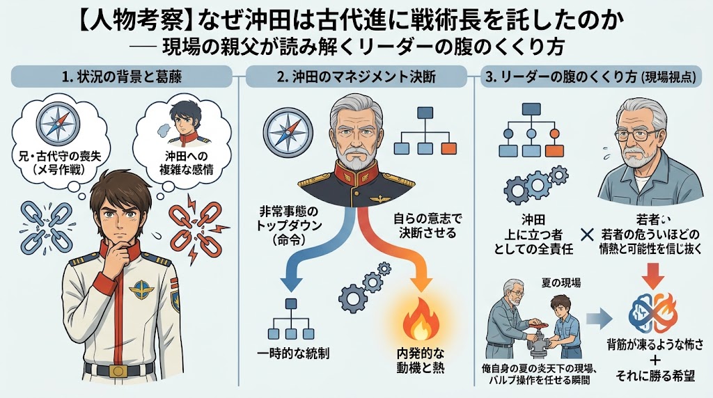 沖田艦長が古代進に戦術長を託した理由を、状況背景・マネジメント判断・リーダーシップの視点から図解した人物考察インフォグラフィック。