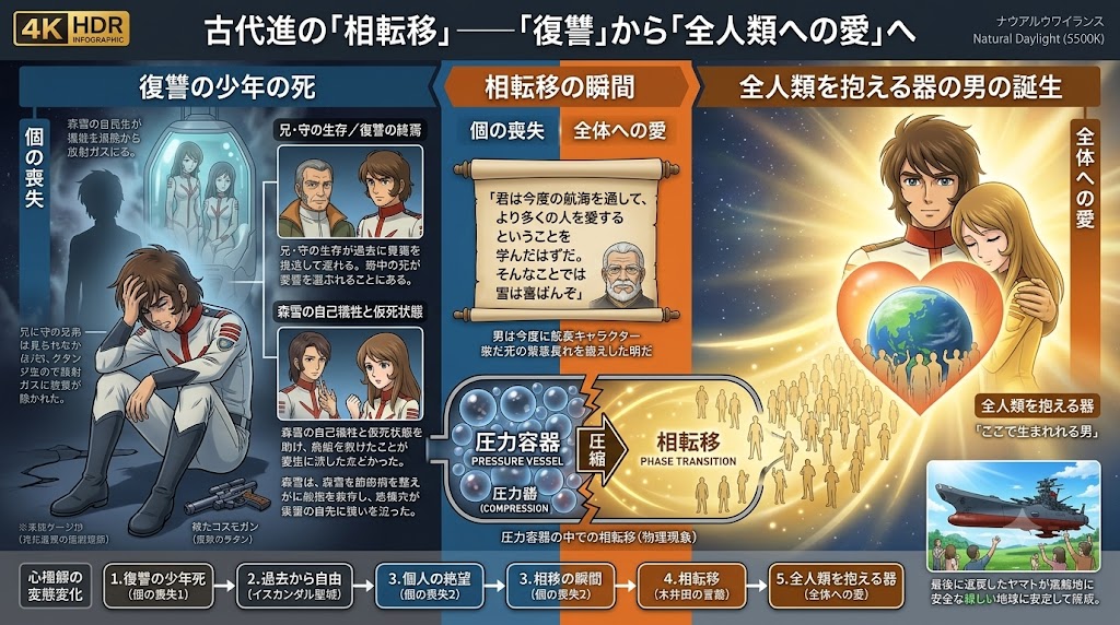 復讐に囚われた少年が大切な人々の死を経験し、相転移によって全人類への愛へと意識を拡大し、地球を抱く象徴的な存在へ成長する過程を解説したインフォグラフィック。
