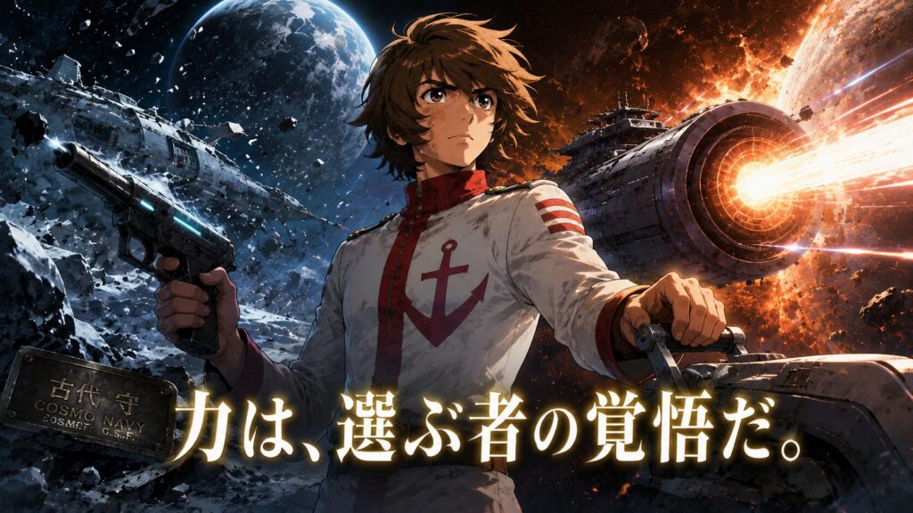 宇宙空間を背景に、銃を握る若き古代進と波動砲を放つ宇宙戦艦ヤマトを描いたビジュアル。復讐や怒りではなく、自らの意思で選択し責任を背負う覚悟を象徴している。