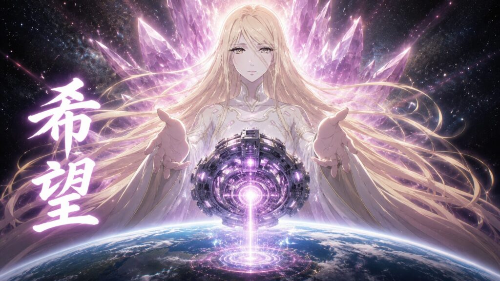 宇宙空間を背景に、紫色に輝く結晶の光をまとった長髪の女性が地球へエネルギーを送る幻想的なSFイラスト。