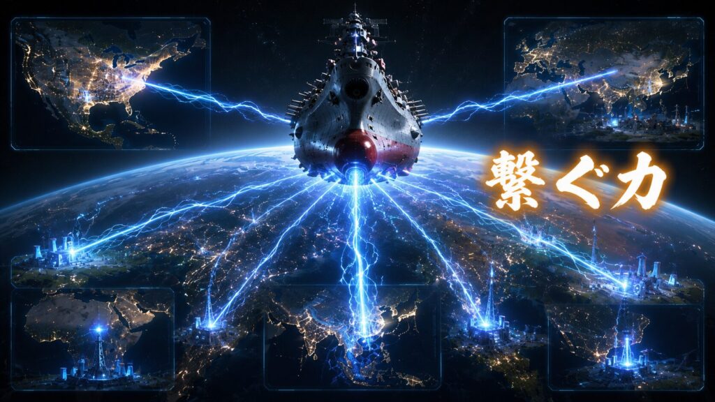 宇宙戦艦を中心に地球全体へエネルギーネットワークが広がり、世界各地が連携する未来社会を描いたSFイメージ。