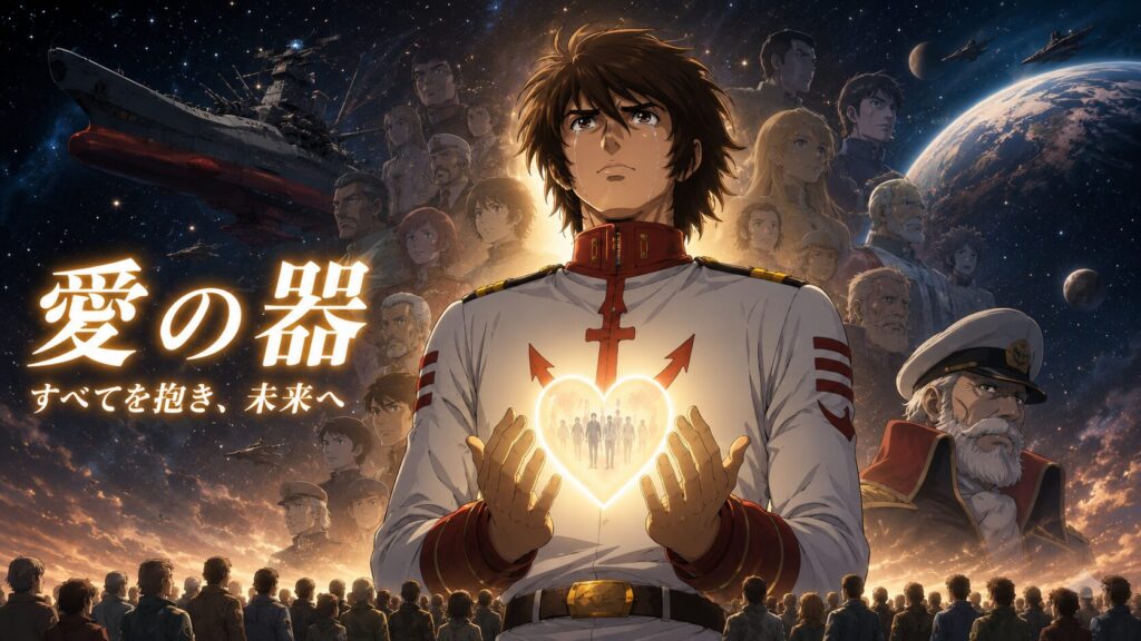宇宙を背景に、多くの仲間たちの想いを背負った主人公が胸に輝く愛の光を抱え、人類の未来を見据える壮大なSFアニメ風ビジュアル。