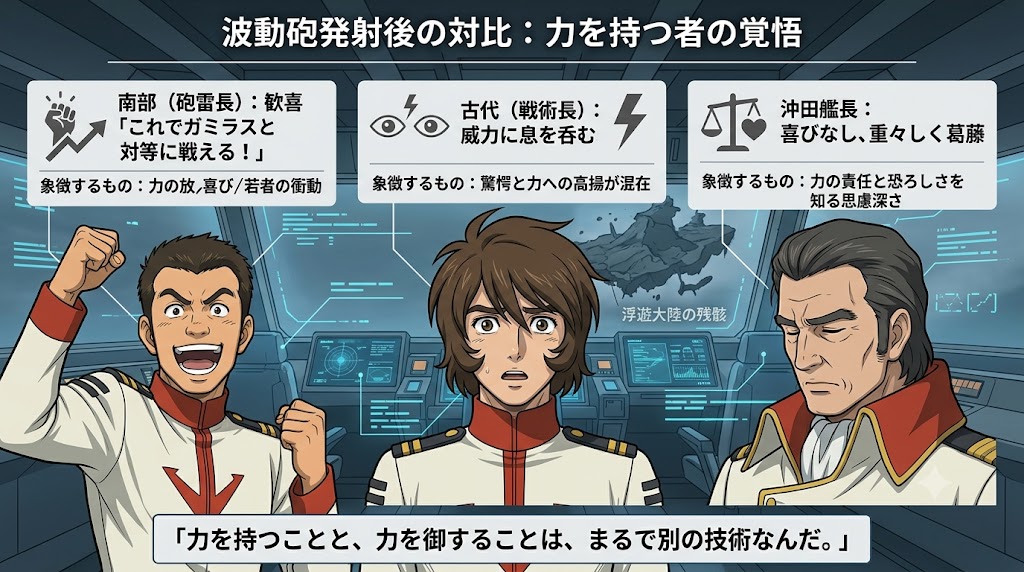 波動砲発射後の艦内で、三人の乗員が力への歓喜、驚愕、沈痛な責任感をそれぞれ異なる表情で示しているSF解説画像。