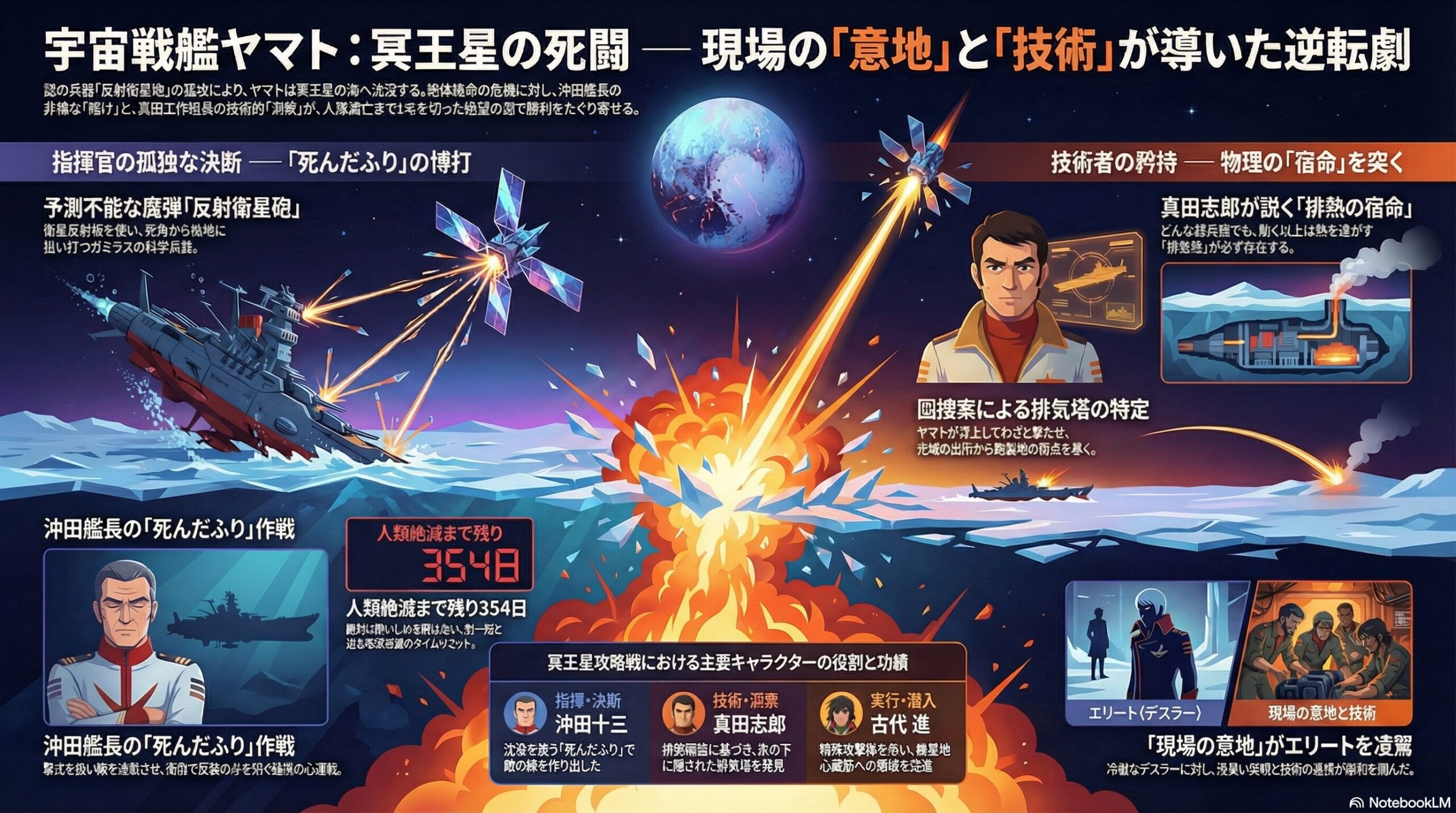 第8話の冥王星攻略戦を題材に、反射衛星砲への対抗策、沖田艦長の決断、真田志郎の技術分析、攻略成功の要因を解説した図解。