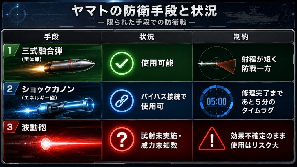 ヤマトの防衛手段と状況を一覧化し、三式融合弾、ショックカノン、波動砲の使用可否と制約を比較したSF戦術インフォグラフィック。