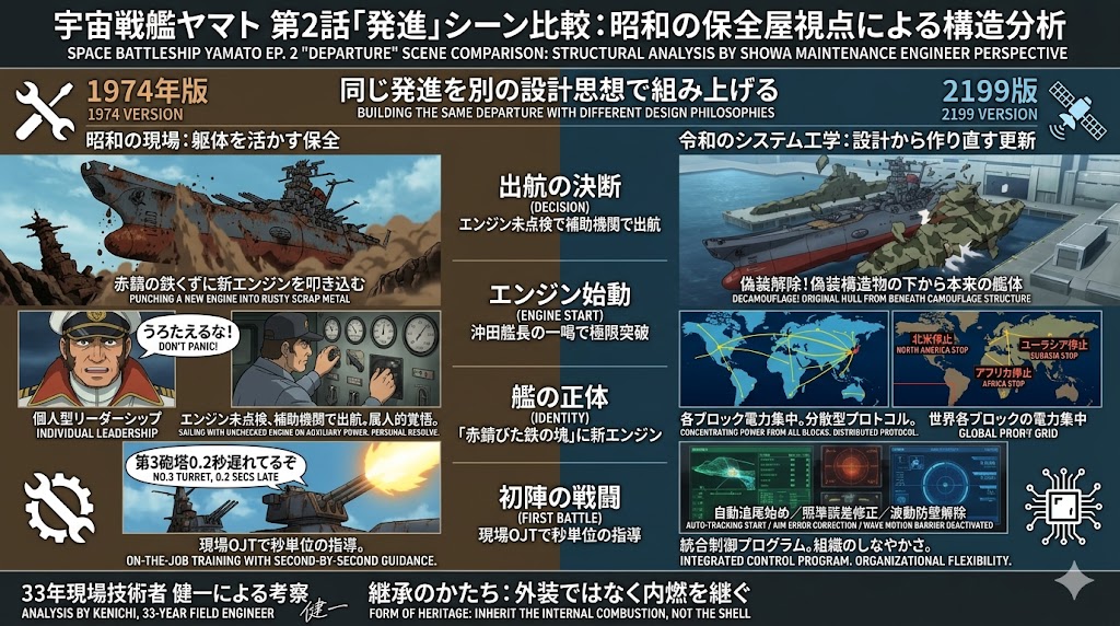 宇宙戦艦ヤマト第2話の発進シーンを1974年版と2199版で比較し、昭和の保全思想と令和のシステム工学の違いを図解したインフォグラフィック。