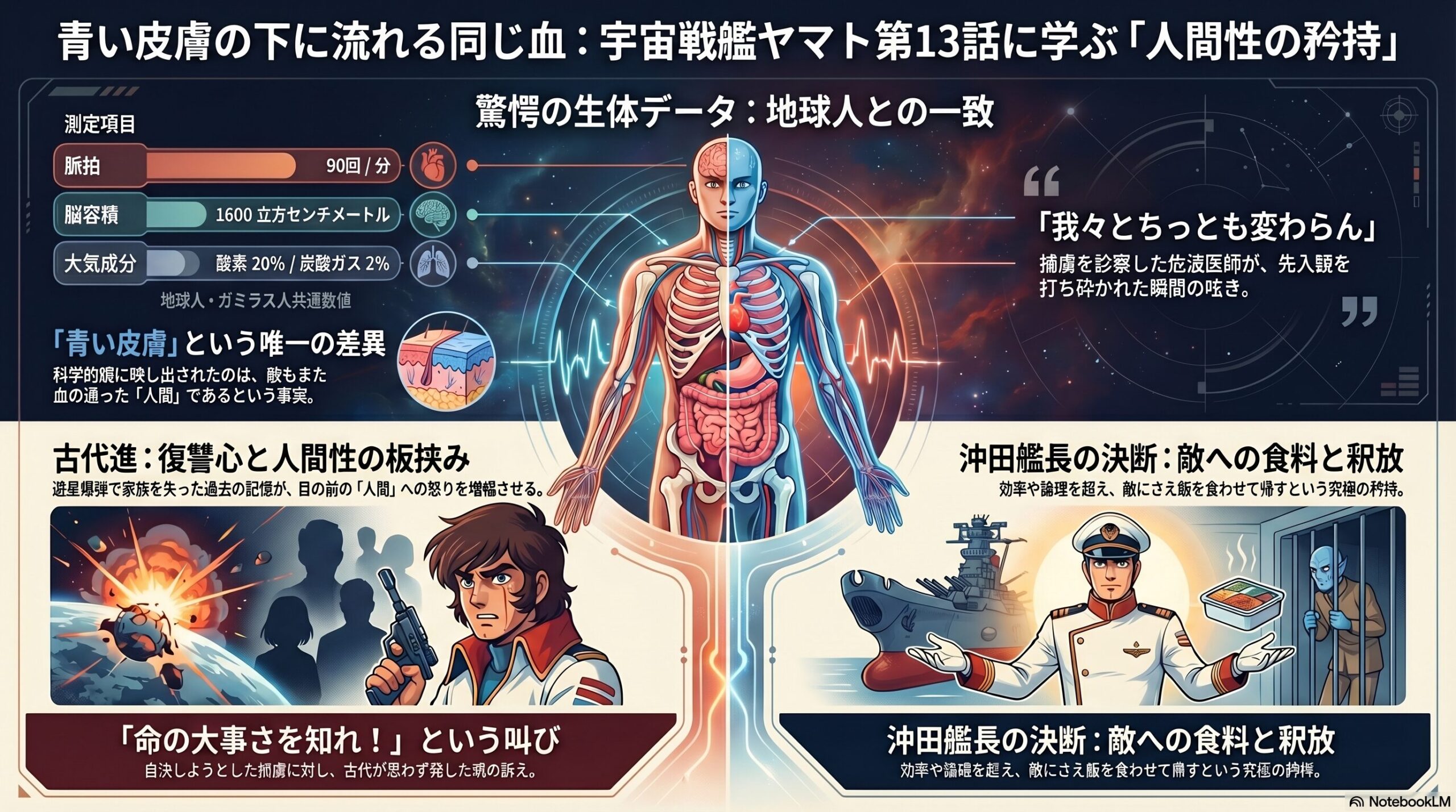 地球人とガミラス人の生体的共通点を示し、古代進と沖田艦長の行動から人間性と命の尊厳を分析した図解。