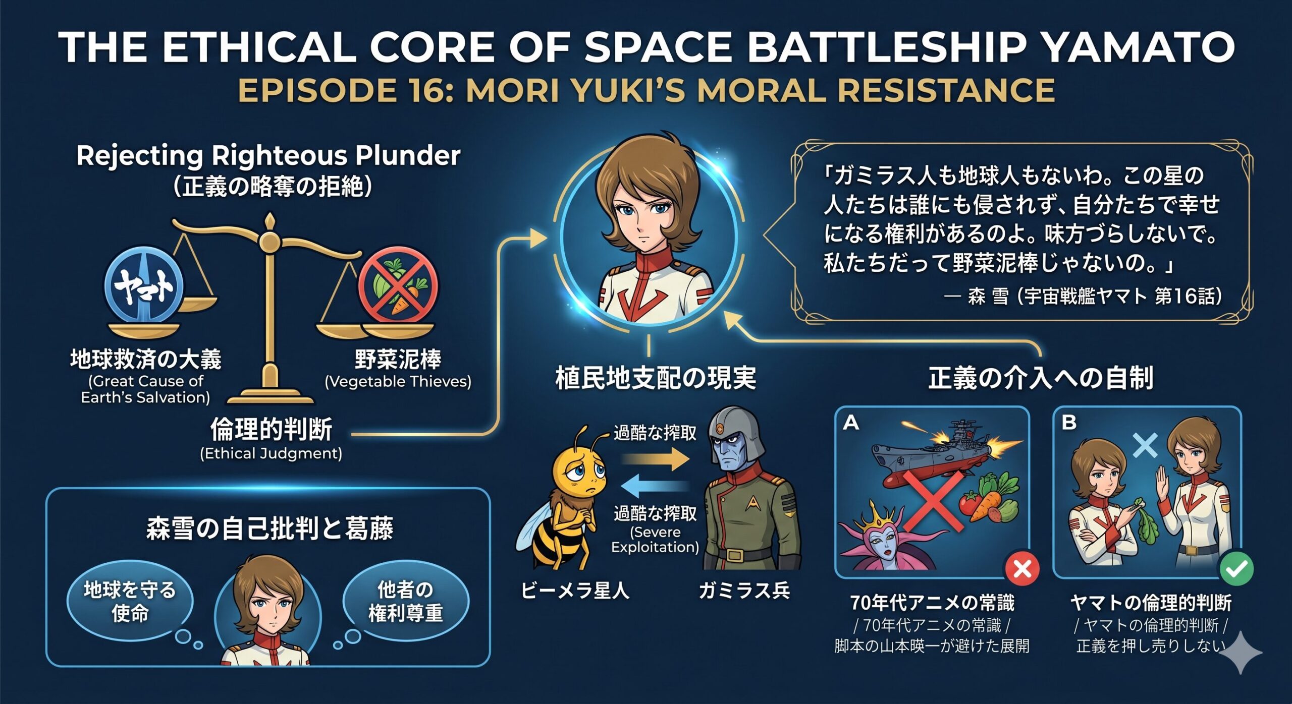 森雪の発言と判断を中心に、ビーメラ星での搾取問題とヤマトの倫理観を分析した図解。