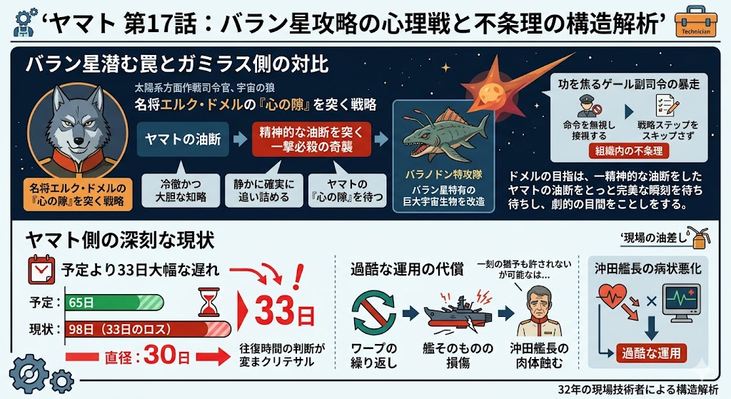 バラン星攻略戦を題材に、ドメルの心理戦とヤマトの過酷な運用による組織的負荷を分析した図解。