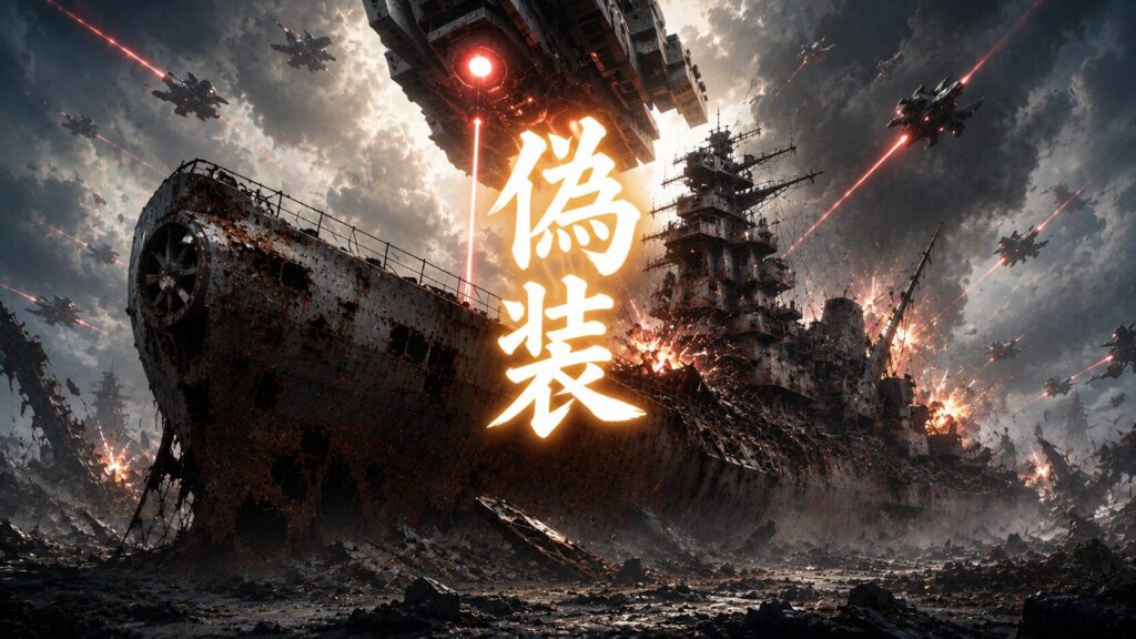 激しい戦闘で大破した戦艦の残骸と上空の攻撃機群を背景に、「偽装」の文字が大きく配置されたSF戦争イメージ。