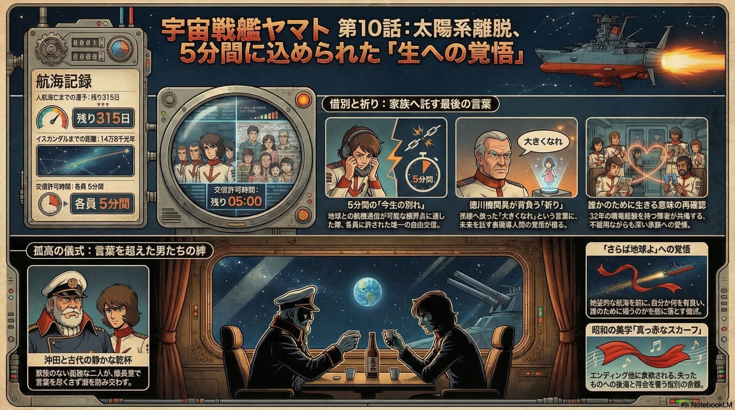 第10話を題材に、地球との最後の通信、徳川機関長の祈り、沖田と古代の対話、生への覚悟の形成を解説した図解。
