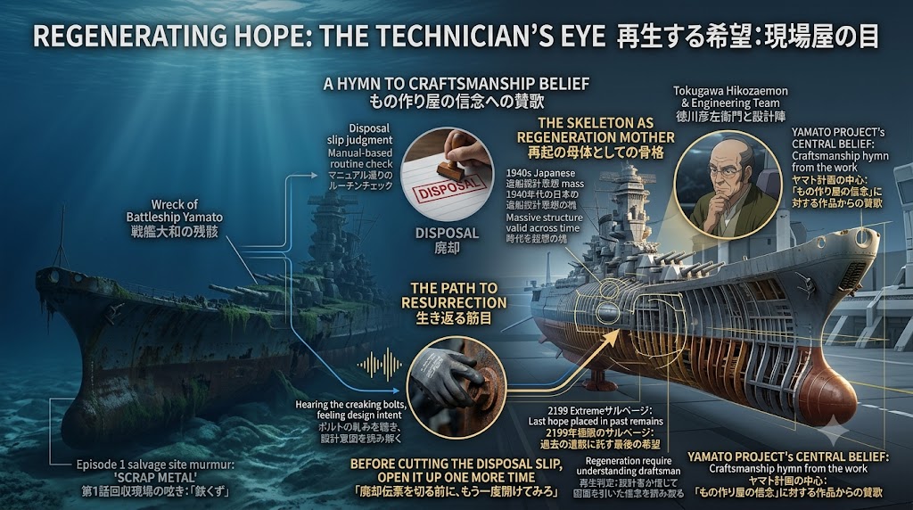 沈没した戦艦大和の残骸から再生するヤマトを対比し、現場技術者の視点で「再生する希望」を解説したインフォグラフィック。