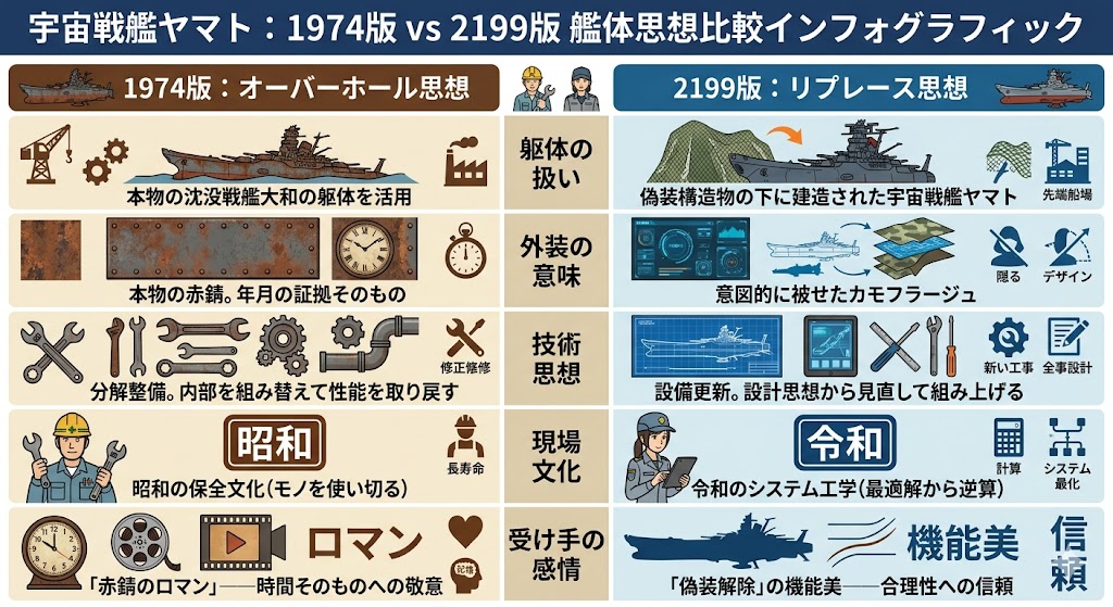 宇宙戦艦ヤマト1974年版と2199年版の艦体思想を比較し、オーバーホール思想とリプレース思想の違いを図解したインフォグラフィック。