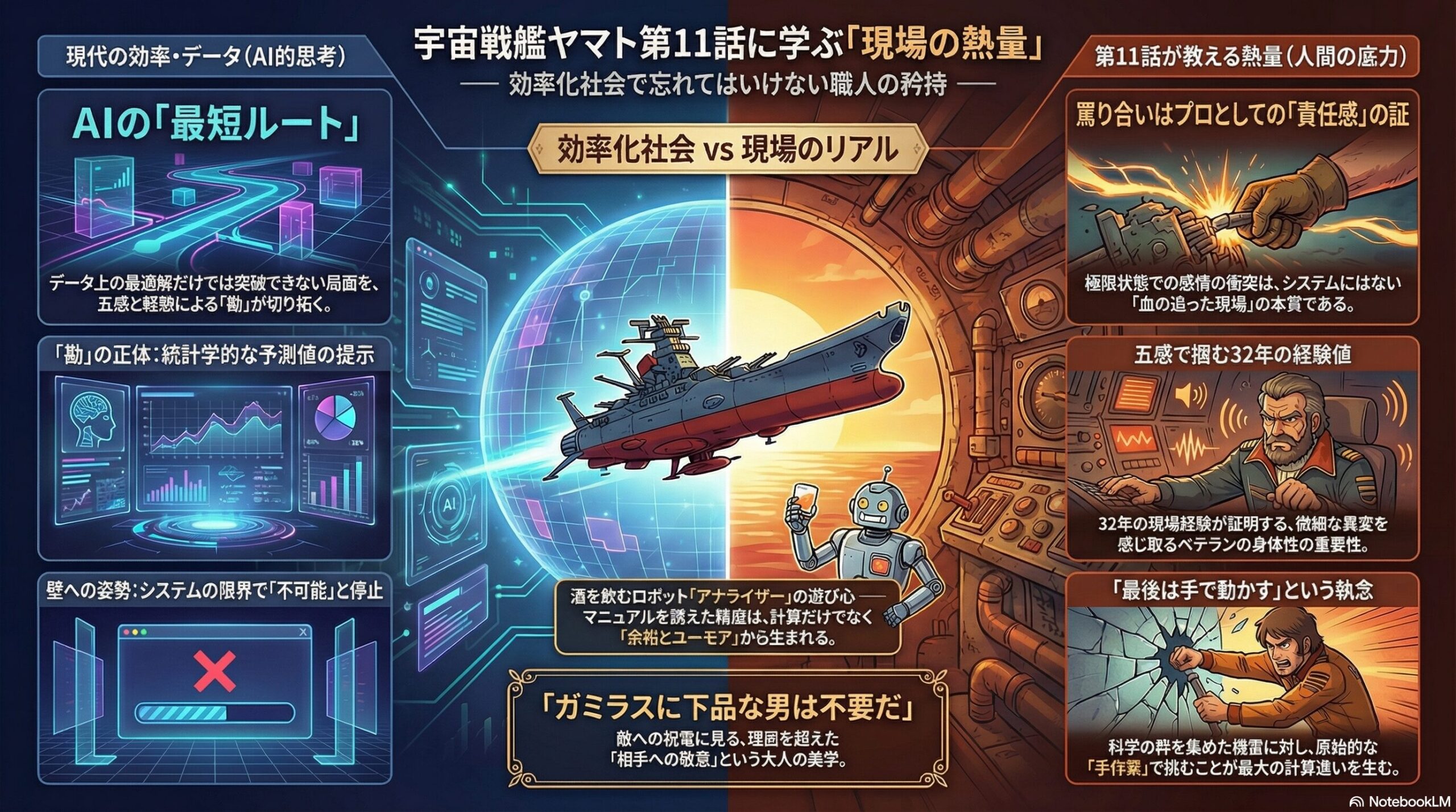 AIによる効率化思考と現場の経験・責任感・熱量を対比し、宇宙戦艦ヤマト第11話の人間的価値を分析した図解。