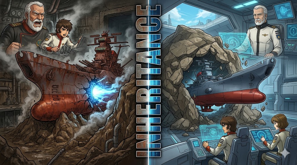 旧式の宇宙戦艦ヤマトと最新技術で再建・継承されたヤマトを対比し、世代を超えた技術継承と進化を描いたSFイラスト。