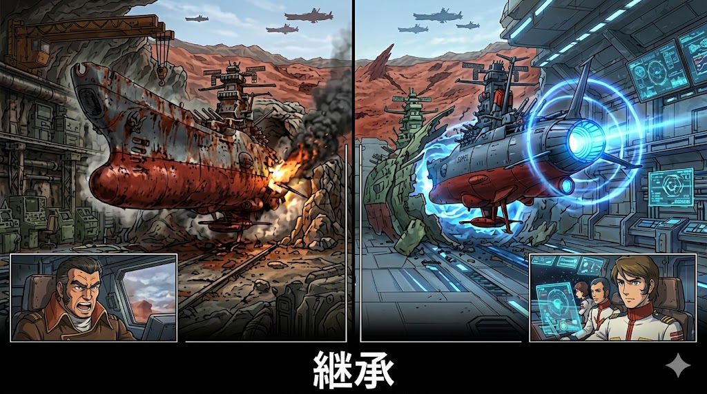宇宙戦艦ヤマトの発進シーンを旧作とリメイク版で対比し、朽ちた艦体からの再生と未来技術への継承を描いた比較イラスト。