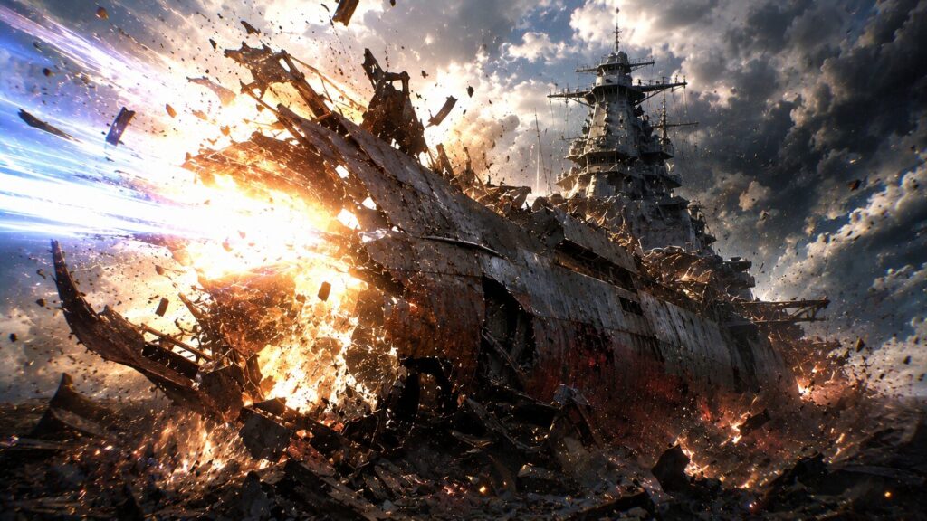 激しいエネルギー攻撃を受けて大破する宇宙戦艦を描いた迫力あるSF戦闘シーン。