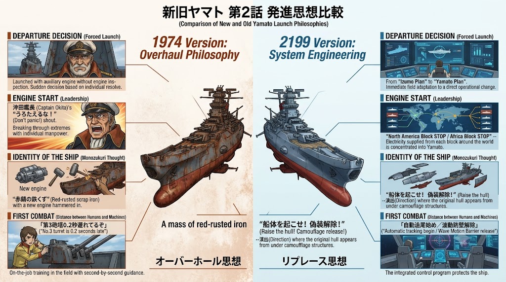 新旧宇宙戦艦ヤマト第2話の発進思想を比較し、1974年版のオーバーホール思想と2199年版のリプレース思想の違いを解説したインフォグラフィック。