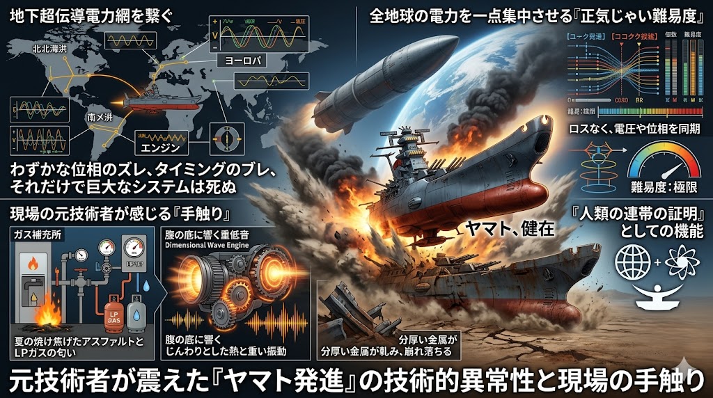 宇宙戦艦ヤマトの発進シーンを中心に、地下超伝導電力網や位相同期、エネルギー供給システムなどの技術解説図を組み合わせたインフォグラフィック。