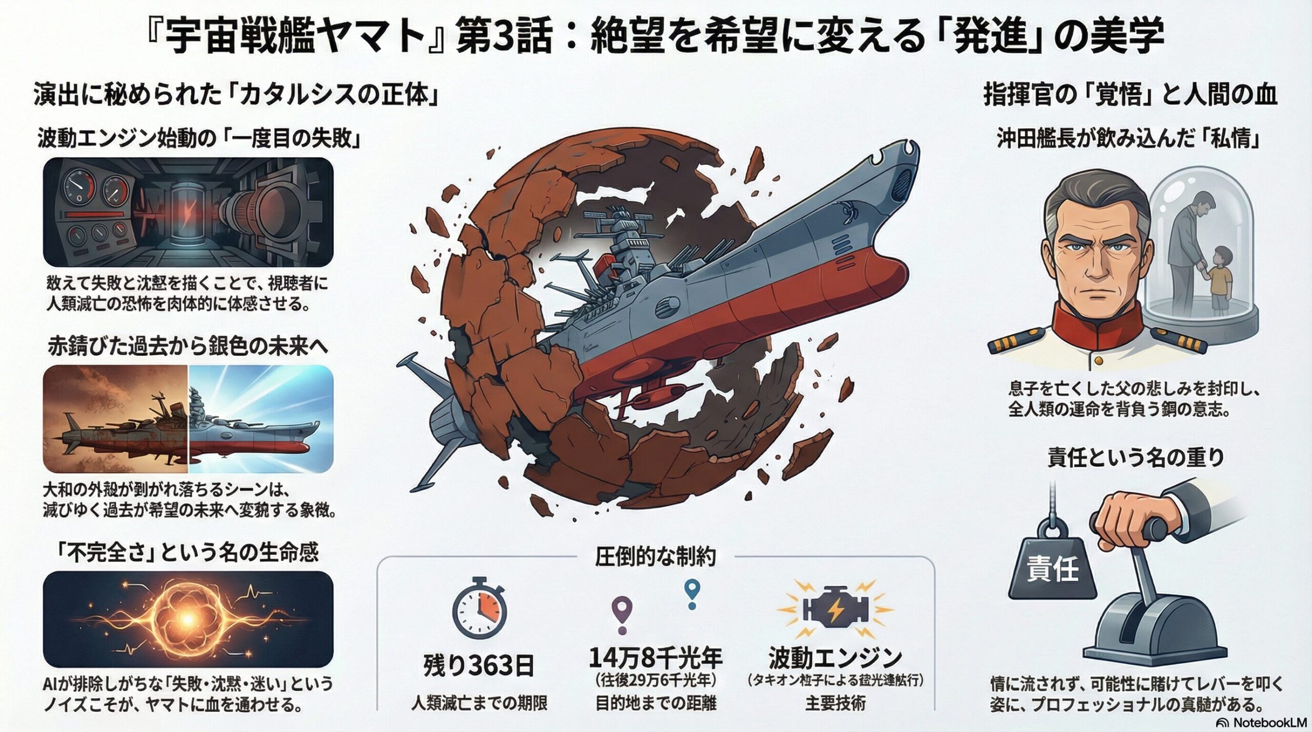 ヤマト第3話の発進場面を題材に、失敗演出、沖田艦長の覚悟、時間制約と波動エンジンを軸に希望への転換を分析した図解。