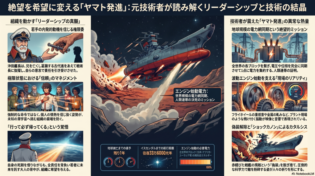 宇宙戦艦ヤマトの発進シーンを中心に、リーダーシップ論と技術革新の重要性を解説するインフォグラフィック。