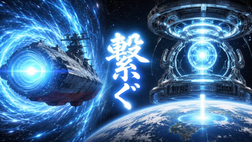 青く輝くエネルギー渦の中を進む宇宙戦艦と、地球上空で巨大な発光エネルギー球を制御する未来的な宇宙施設を描いたSFビジュアル。