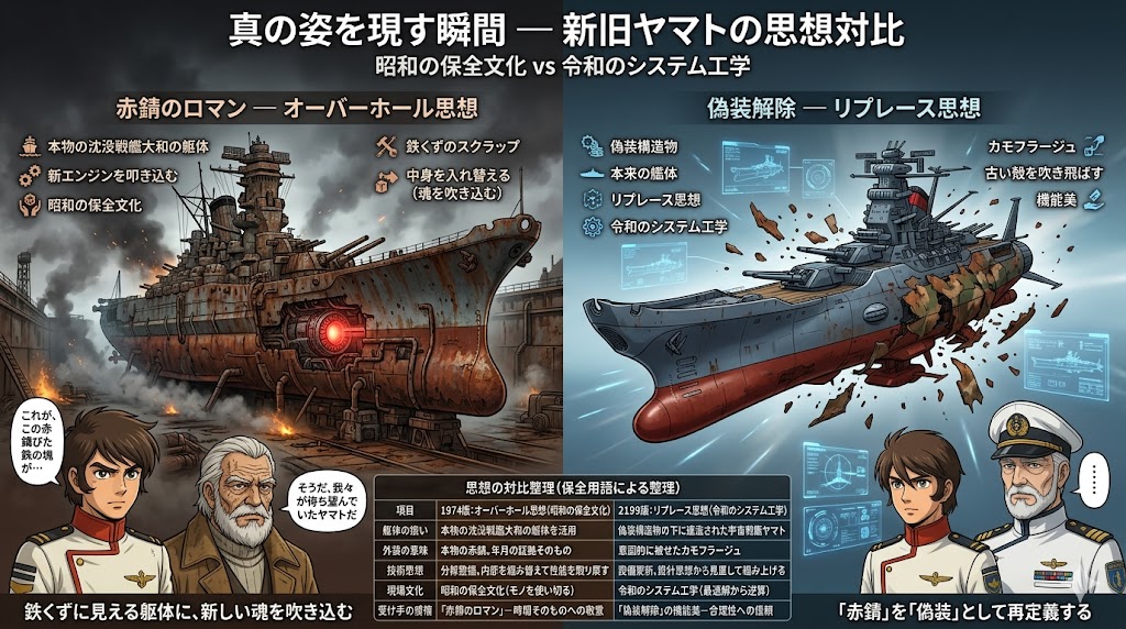 旧式艦のオーバーホール思想と、偽装を解除して本来の性能を解放するリプレース思想を対比した新旧ヤマトの比較インフォグラフィック。