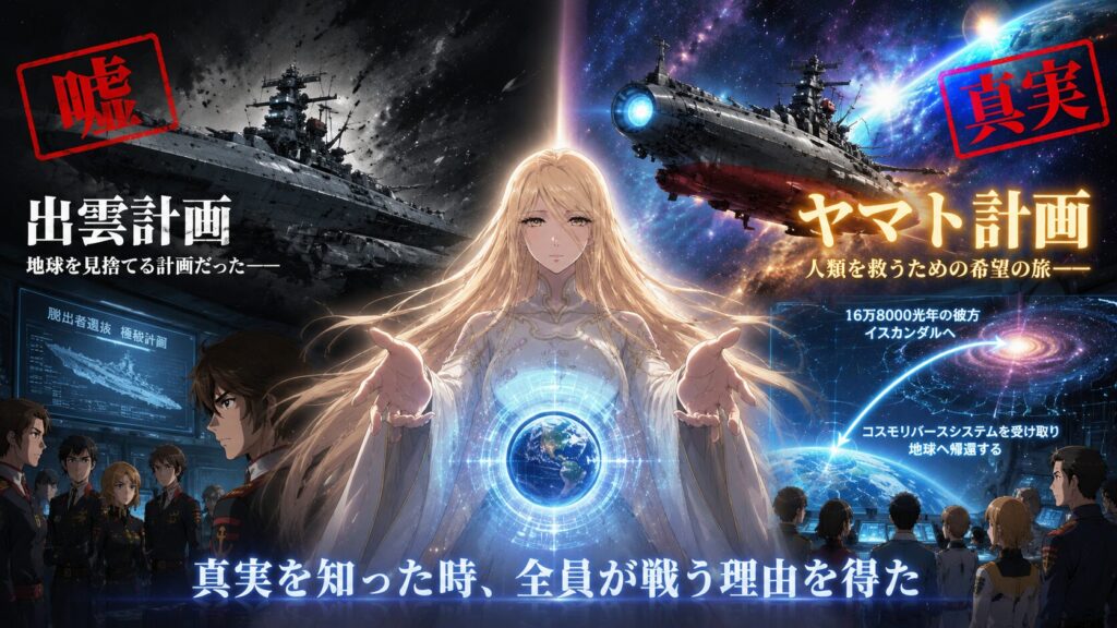 スターシャを中心に、出雲計画とヤマト計画を対比しながら、人類救済の真実と誤情報を解説する宇宙戦艦ヤマトのインフォグラフィック。
