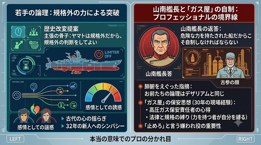 『ヤマトよ永遠に REBEL3199』第六章の考察インフォグラフィック。若手の「規格外の力による突破」という論理と、山南艦長が説く「プロフェッショナルとしての自制」を比較し、力を持つ者の責任と現場経験の重要性を図解で解説している。