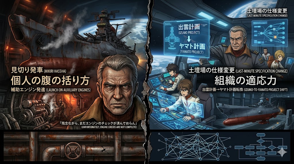 宇宙戦艦ヤマト計画への移行をテーマに、現場判断による補助エンジン発進と組織的な仕様変更への対応を対比して描いたSF解説イラスト。