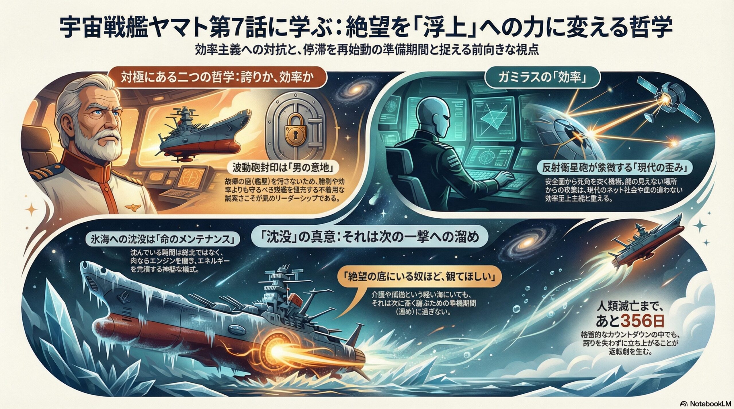 第7話を題材に、沖田艦長の信念とガミラスの効率主義を比較し、ヤマトの沈没と浮上に込められた意味を解説した図解。