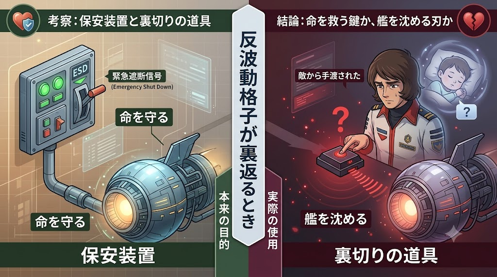 『ヤマトよ永遠に REBEL3199』第六章の考察インフォグラフィック。保安装置と裏切りの道具を対比し、反波動格子の本来の目的と悪用された場合の違いを図解で解説している。