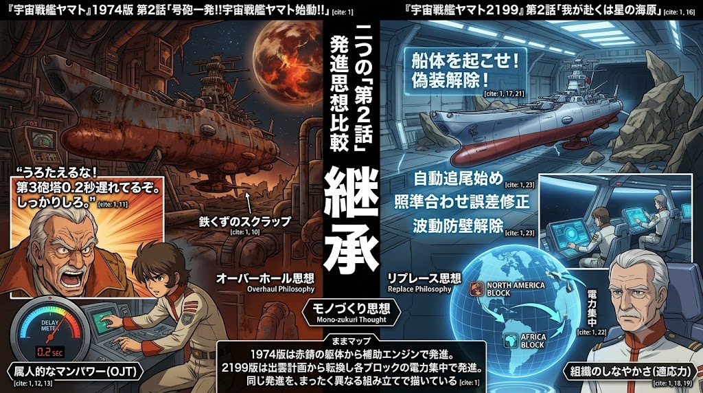 宇宙戦艦ヤマト第2話を題材に、1974年版のオーバーホール思想と2199年版のリプレース思想を比較したインフォグラフィック。