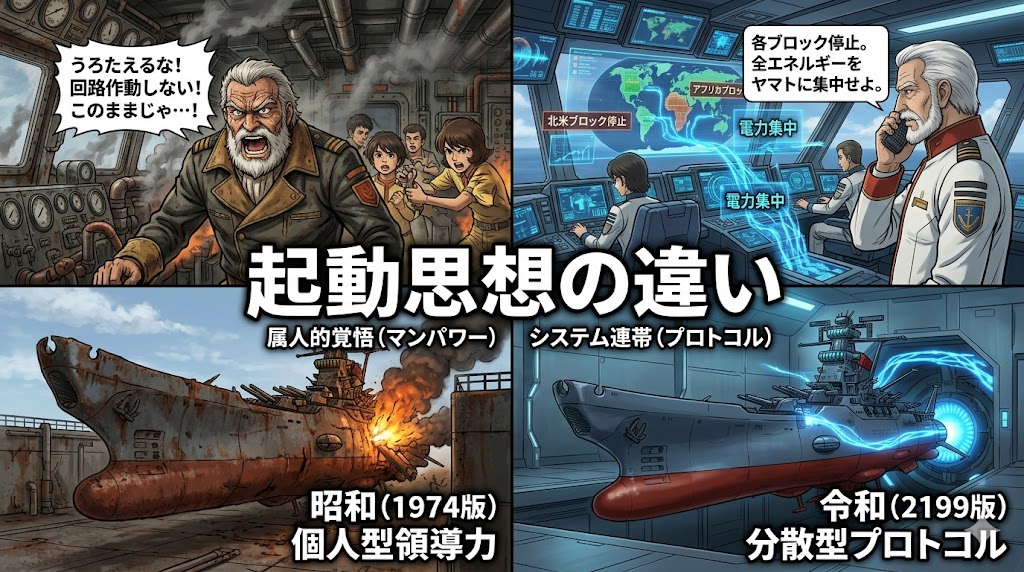 宇宙戦艦ヤマトの起動思想を比較し、属人的な判断に依存する運用とシステム化された分散型プロトコル運用の違いを描いたSFインフォグラフィック。